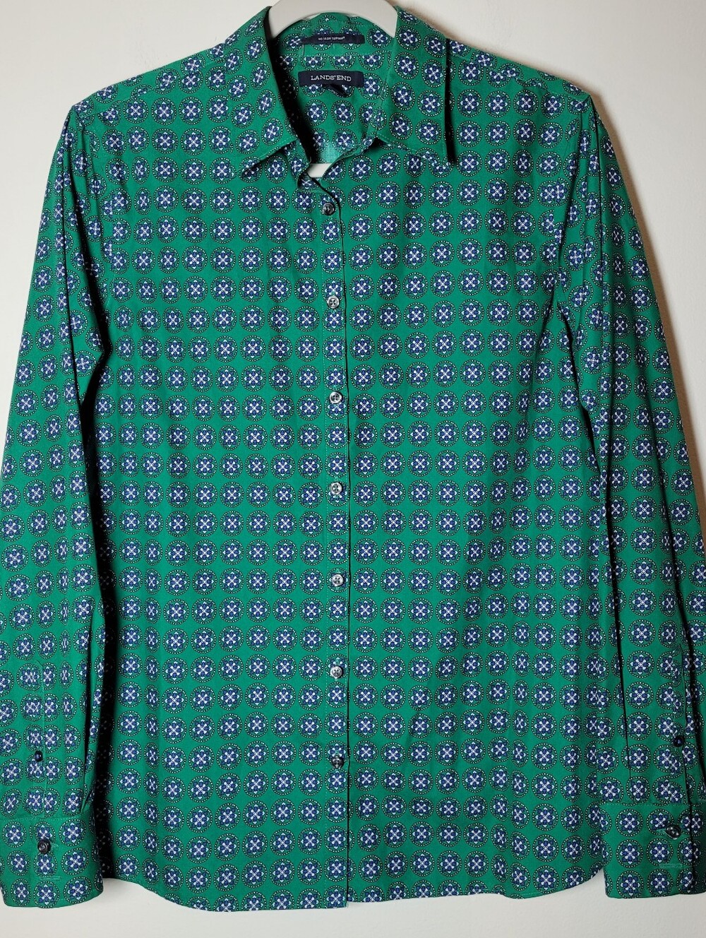 Lands' End No Iron Green Geometric-Print Women Button-Down Shirt Size 12